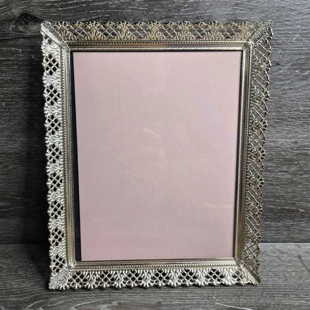 Vintage Mid Century Gold tone Filigree Metal Frame Ornate 12x10 Tabletop Decor